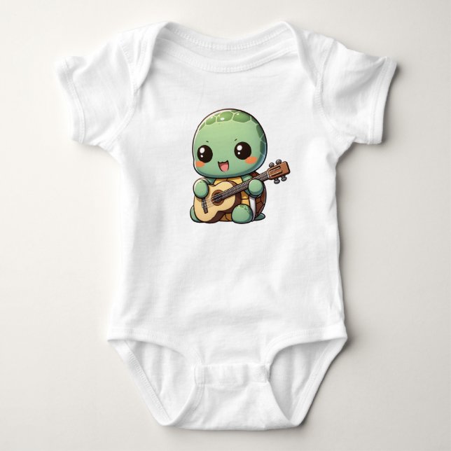 Cute Chibi Turtle Playing Guitar Baby Bodysuit (Front)