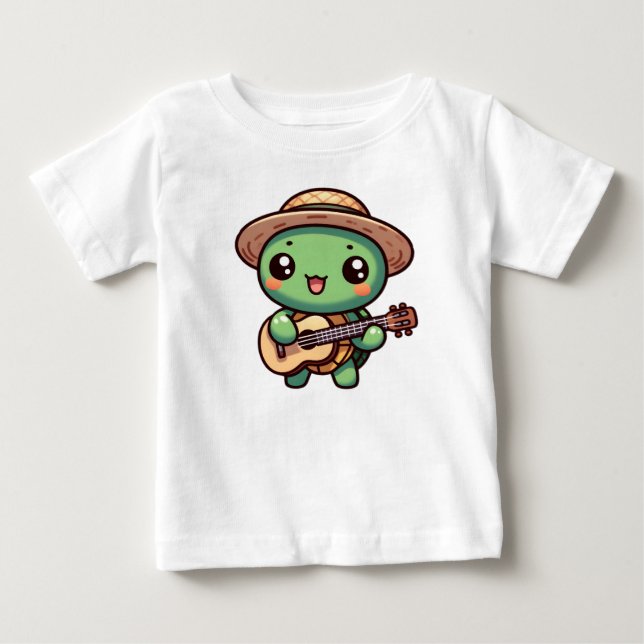 Cute Chibi Turtle Playing Guitar Baby T-Shirt (Front)