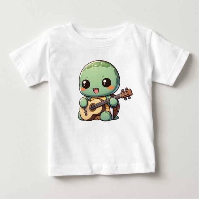 Cute Chibi Turtle Playing Guitar Baby T-Shirt (Front)