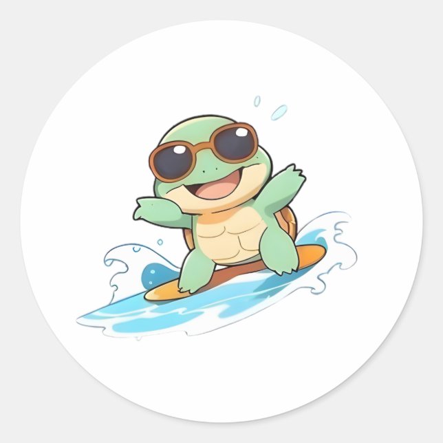 Cute Chibi Turtle Surfer Summer Beach Design Classic Round Sticker (Front)
