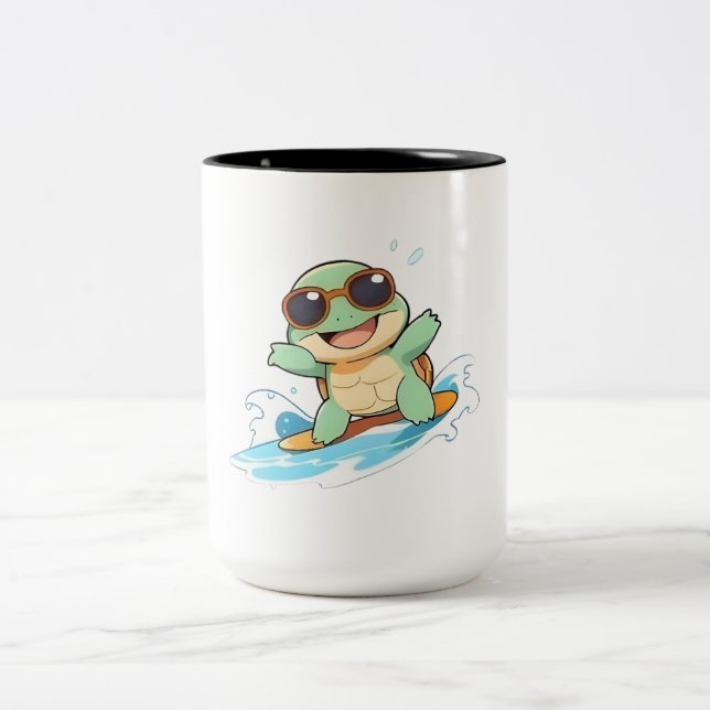 Cute Chibi Turtle Surfer Summer Beach Design Two-Tone Coffee Mug (Center)
