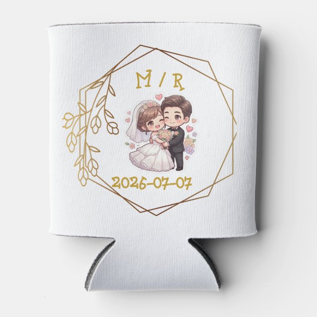 Cute Chibi Wedding Couple Sticker | Romantic Bride Can Cooler (Front)
