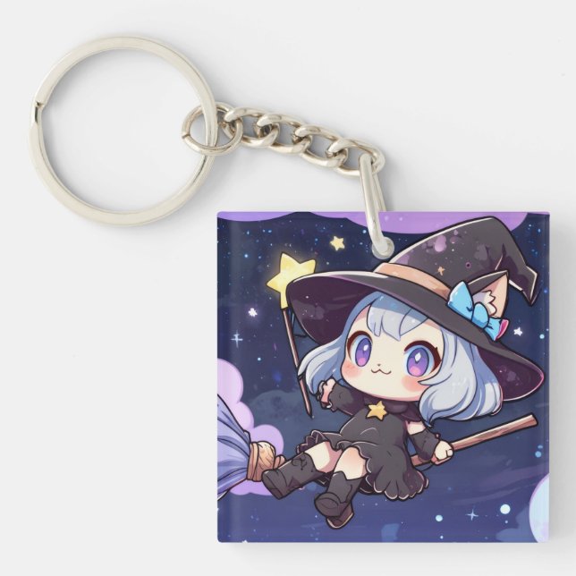 Cute Chibi Witch Flying in the Night Sky Key Ring (Front)