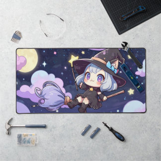Cute Chibi Witch Flying in the Night Sky – Whimsic Desk Mat
