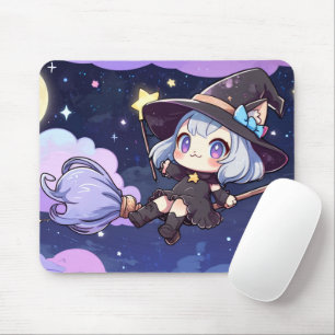 Cute Chibi Witch Flying in the Night Sky – Whimsic Mouse Mat