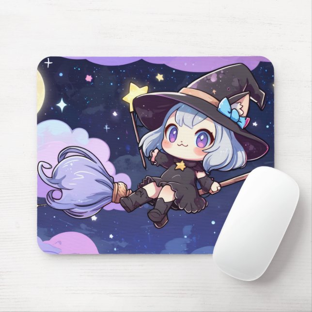 Cute Chibi Witch Flying in the Night Sky – Whimsic Mouse Mat (With Mouse)