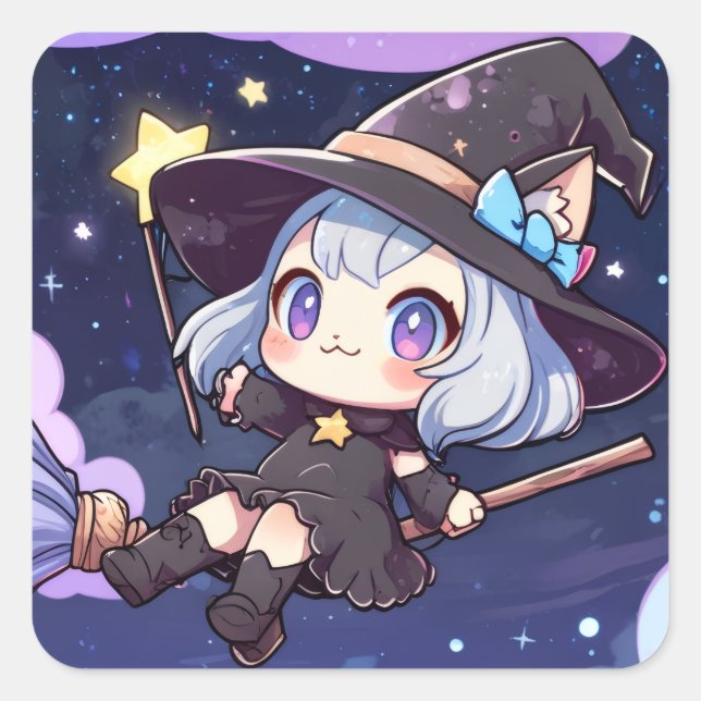 Cute Chibi Witch Flying in the Night Sky – Whimsic Square Sticker (Front)