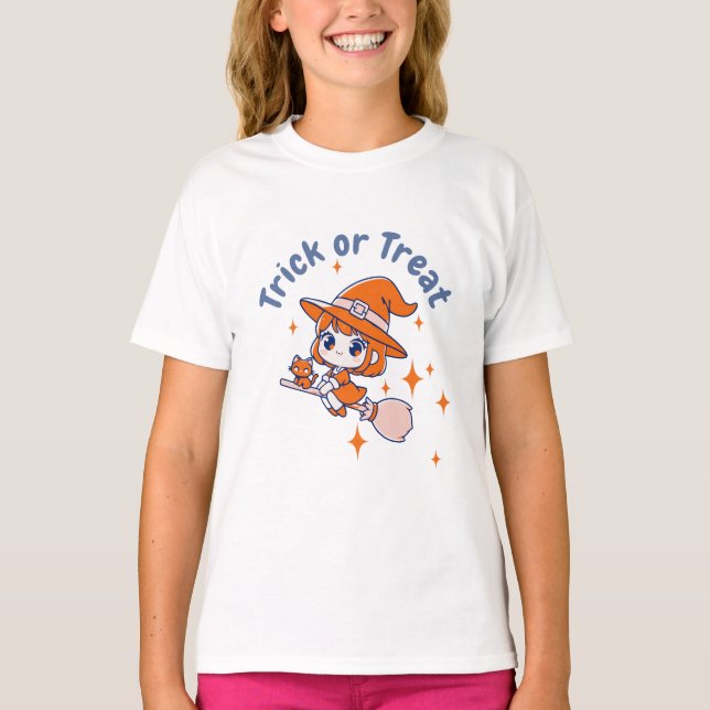 Cute Chibi Witch "Trick or Treat" Halloween T-Shirt (Front)