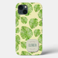 Cute Chic Banana Leaf Green White Name Yellow