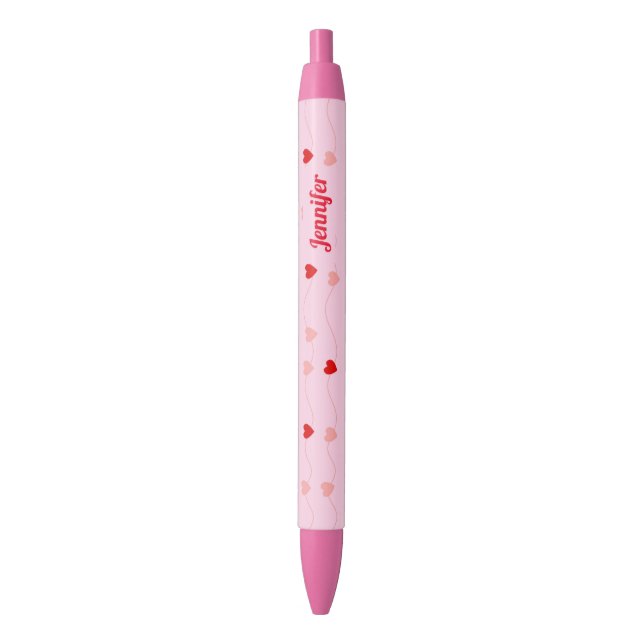 Cute Chic Blush Pink Red Hearts Personalised Black Ink Pen (Front Vertical)