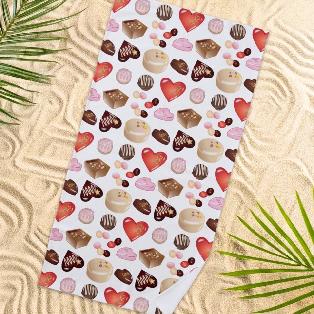 Cute Chic Colourful Chocolate Candy Heart Pattern Beach Towel (Creator Uploaded)
