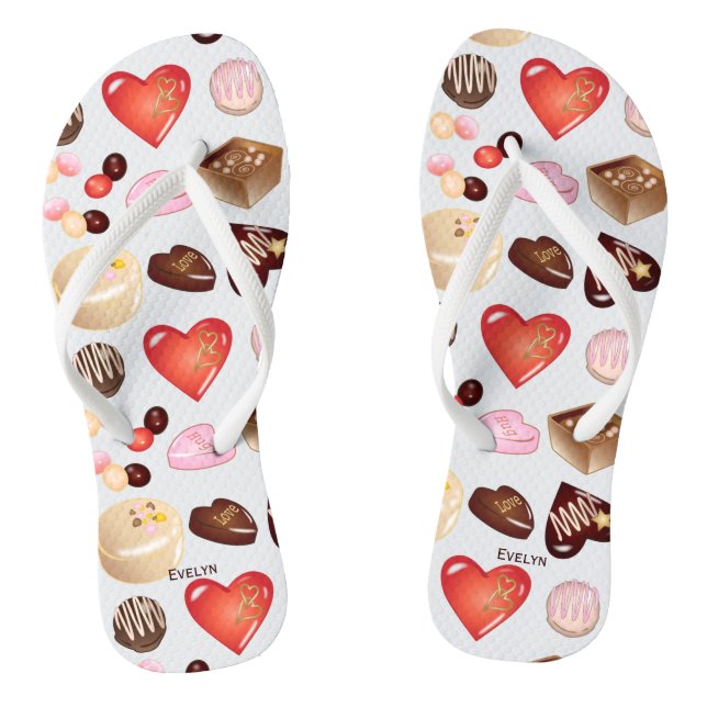 Cute Chic Colourful Chocolate Candy Heart Pattern Flip Flops (Footbed)