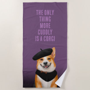 Cute Chic Corgi Dog Wearing Beret & Bandanna Beach Towel
