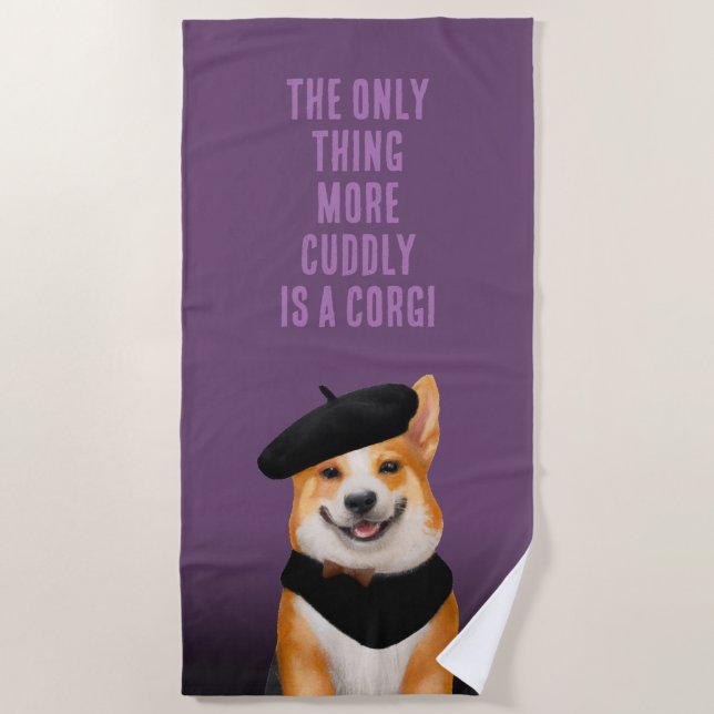 Cute Chic Corgi Dog Wearing Beret & Bandanna Beach Towel (Front)