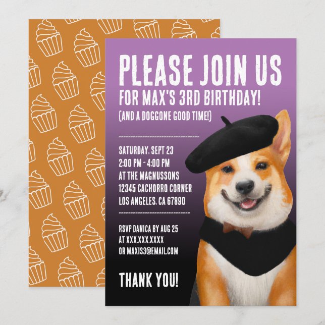 Cute Chic Corgi Dog Wearing Beret & Bandanna Invitation (Front/Back)