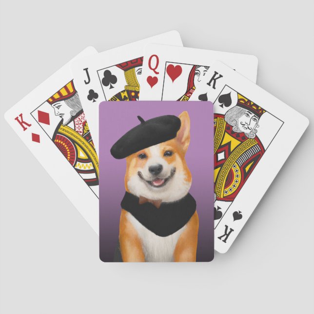 Cute Chic Corgi Dog Wearing Beret & Bandanna Playing Cards (Back)