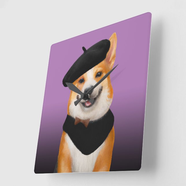 Cute Chic Corgi Dog Wearing Beret & Bandanna Square Wall Clock (Angle)