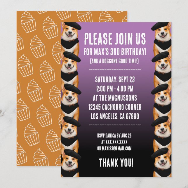 Cute Chic Corgi Dogs Happy Birthday Invitation (Front/Back)
