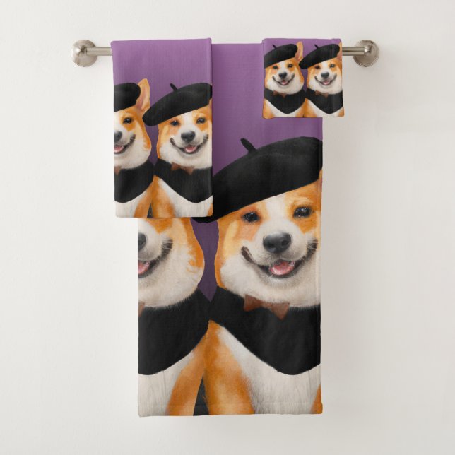Cute Chic Corgi Dogs Wearing Berets & Bandanas Bath Towel Set (Insitu)