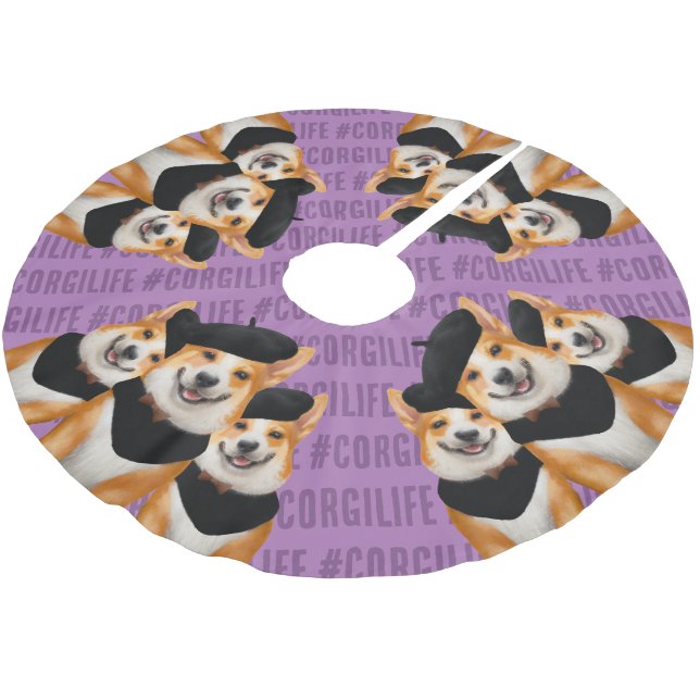 Cute Chic Corgi Dogs Wearing Berets & Bandanas Brushed Polyester Tree Skirt (Angled)