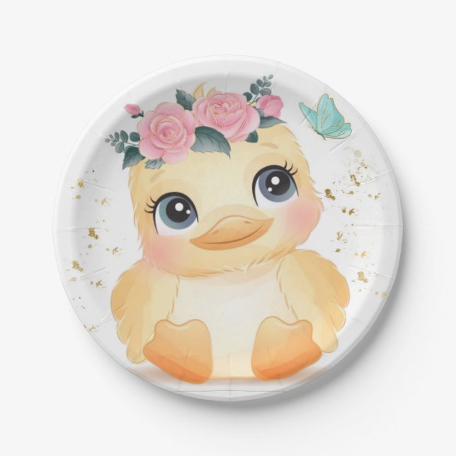 Cute Chic Duckling Pink Rose Gold Baby Shower Paper Plate (Front)