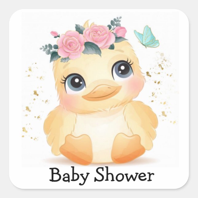 Cute Chic Duckling Pink Rose Gold Baby Shower Square Sticker (Front)