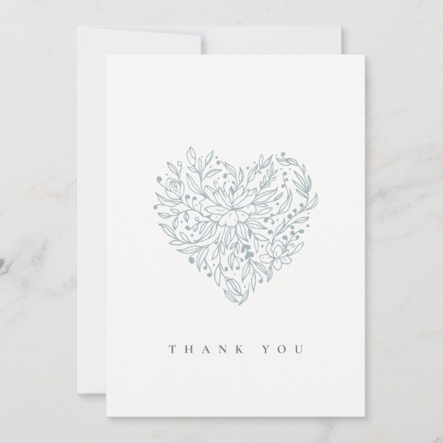 Cute Chic Elegant Minimal Dusky Blue Floral Heart  Thank You Card (Front)