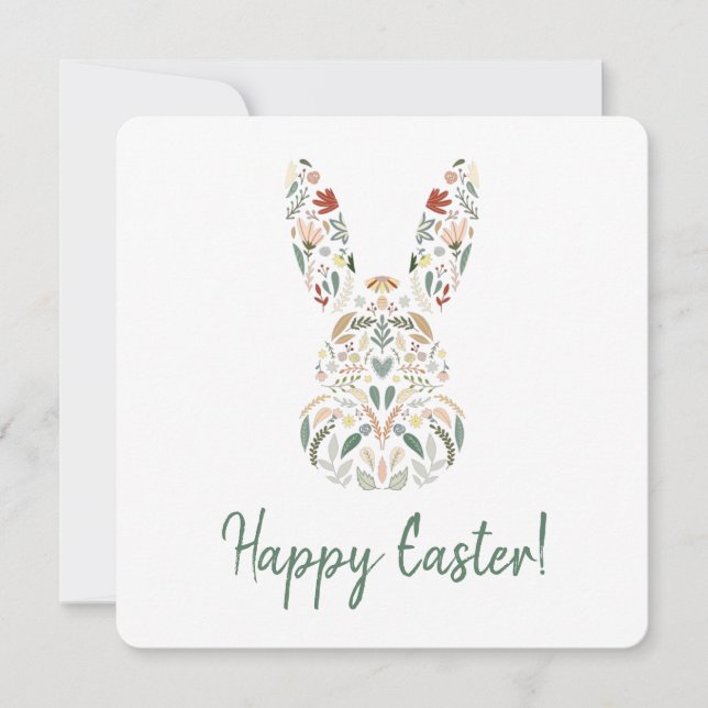 Cute Chic Floral Bunny Happy Easter Greeting Holiday Card (Front)