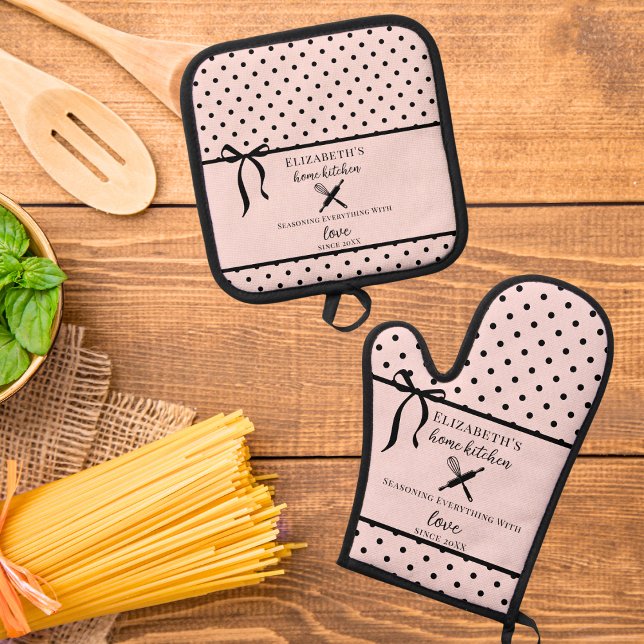 Cute Chic Girly Blush Pink and Black Polka Dot Oven Mitt & Pot Holder Set (Creator Uploaded)