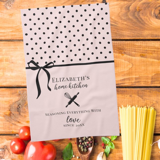 Cute Chic Girly Blush Pink and Black Polka Dot Tea Towel (Creator Uploaded)