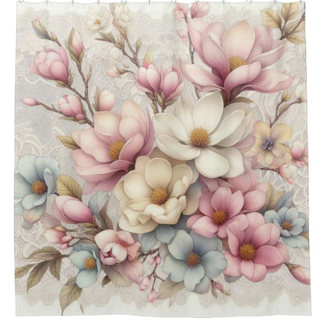 Cute chic girly floral and lace shower curtain (Front)