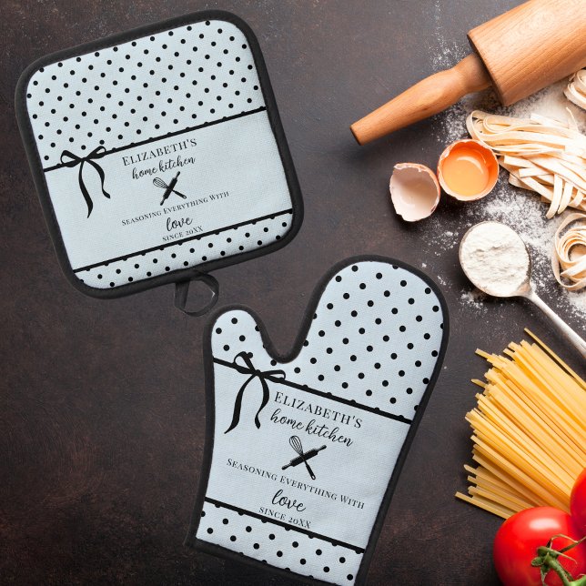 Cute Chic Girly Light Blue and Black Polka Dot Oven Mitt & Pot Holder Set (Creator Uploaded)