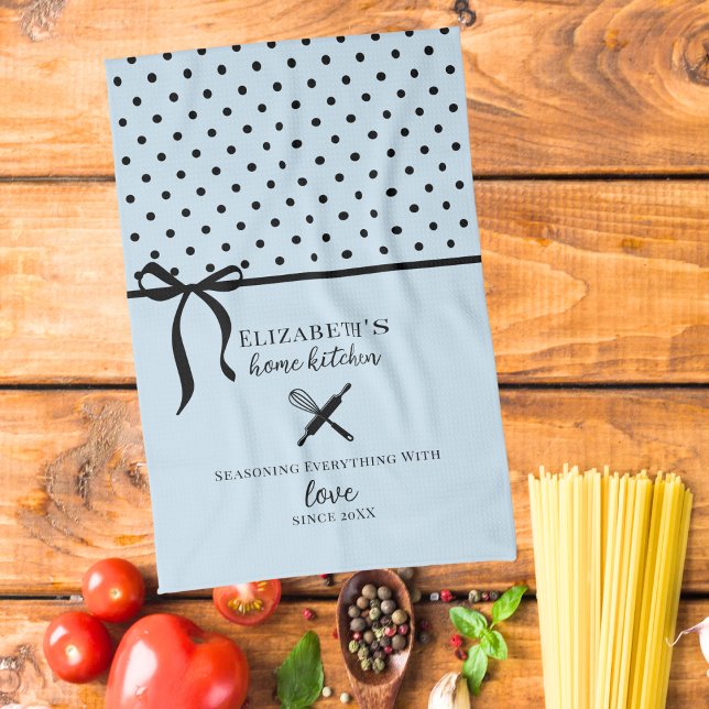 Cute Chic Girly Light Blue and Black Polka Dot Tea Towel (Creator Uploaded)