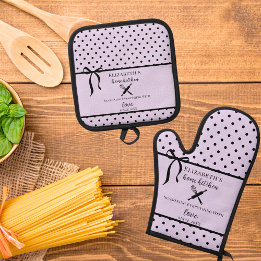 Cute Chic Girly Light Lilac and Black Polka Dot Oven Mitt & Pot Holder Set
