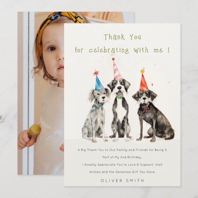 Cute Chic Kids Pawty Dog Birthday Party Photo Thank You Card (Front/Back)