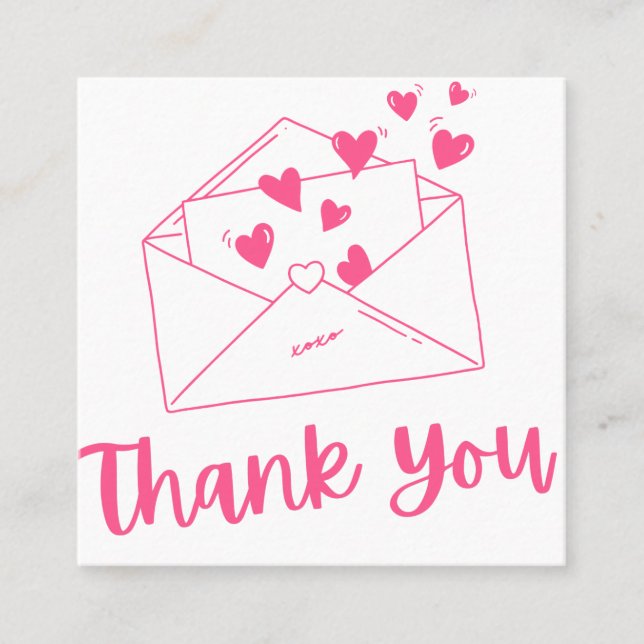 Cute Chic Love Letter Pink Hearts Thank You Girly Square Business Card (Front)