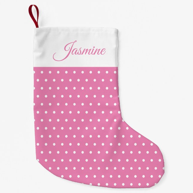 Cute Chic Name Pink and White Polka Dot Small Christmas Stocking (Front)