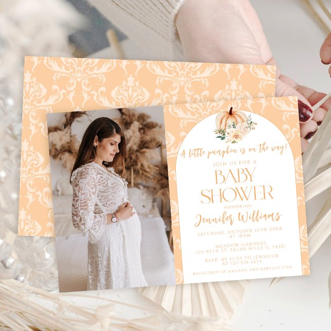 Cute Chic Orange Little Pumpkin Baby Shower Photo Invitation (Creator Uploaded)