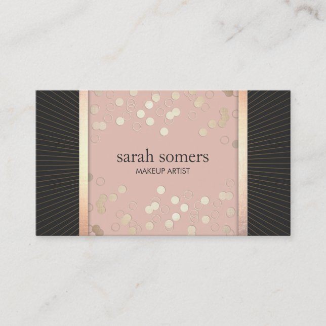 Cute Chic Pink and Black Gold Confetti Girly Business Card (Front)