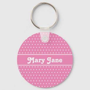 Cute Chic Pink Custom Name Polka Dot Key Ring
