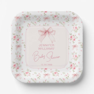 Cute Chic Pink Floral Bow Baby Girl Shower Paper Plate