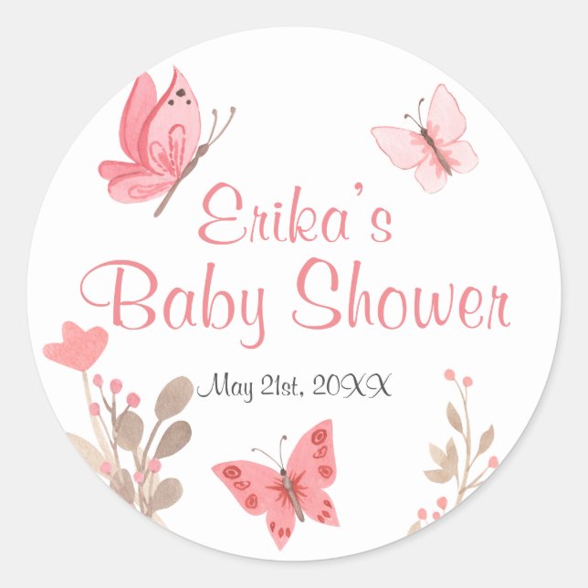 Cute Chic Pink Floral Butterflies Baby Shower Classic Round Sticker (Front)