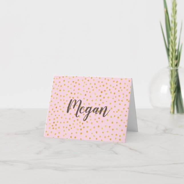 Cute Chic Pink Gold Polka Dot Pattern Personalized Note Card (Front)