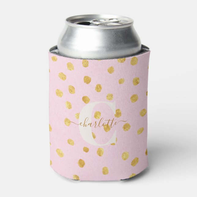 Cute Chic Pink Gold Polka Dots Personalised Name  Can Cooler (Can Front)