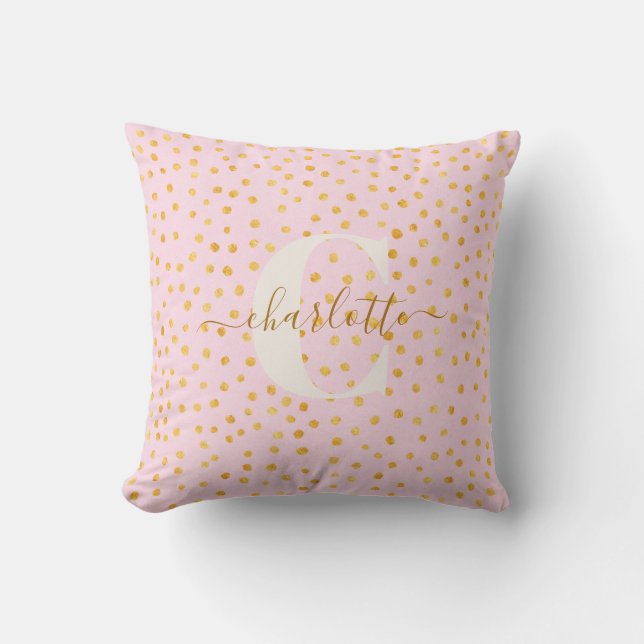 Cute Chic Pink Gold Polka Dots Personalised Name Cushion (Front)