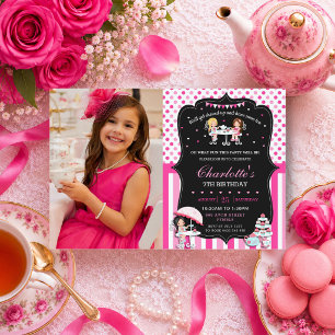 Cute Chic Pink High Tea Party Girl Birthday Photo Invitation