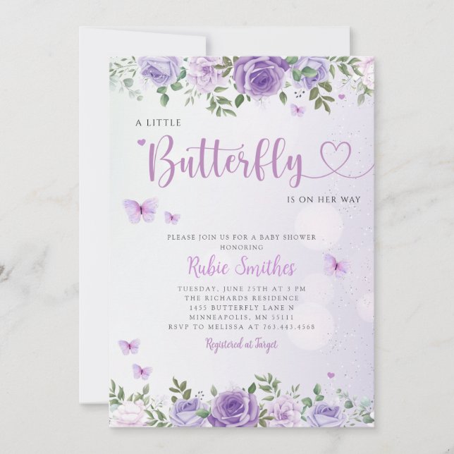 Cute Chic Purple Floral Butterfly Girl Baby Shower Invitation (Front)