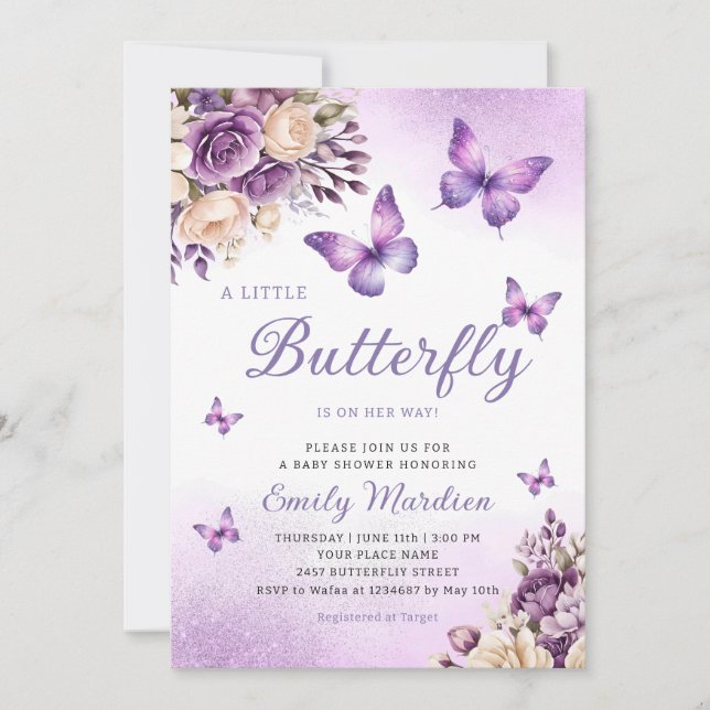 Cute Chic Purple Floral Butterfly Girl Baby Shower Invitation (Front)