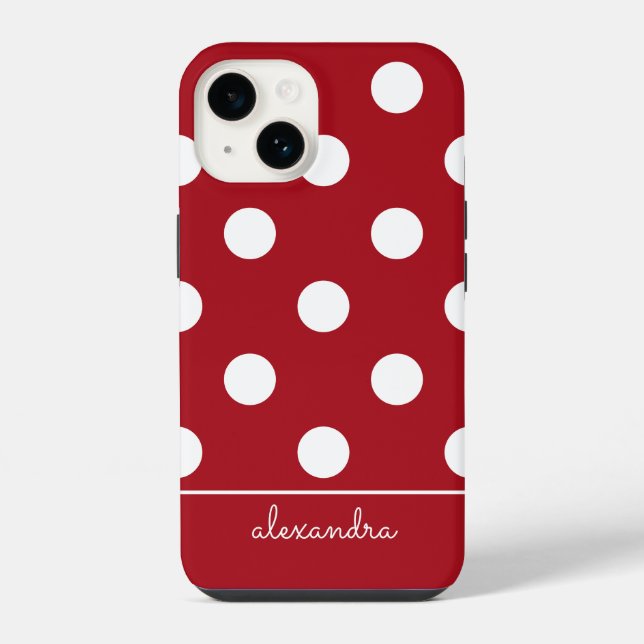 Cute Chic Red Polka Dot Pattern Personalised Name iPhone Case (Back)