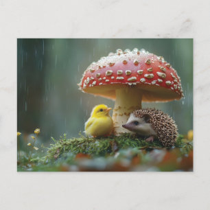 Cute Chick and Hedgehog Hiding Under a Mushroom Holiday Postcard
